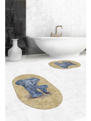 Evdeya Dijital Baskılı Yıkanabilir Modern Fil Desenli Ikili Banyo Halısı Paspas Oval, Klozet-33-Kahve,