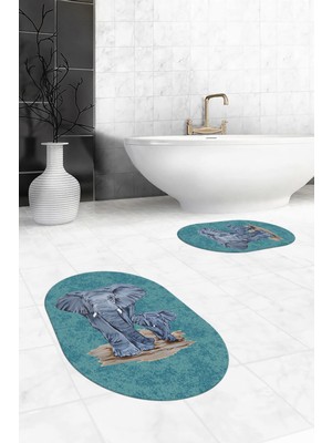 Evdeya Dijital Baskılı Yıkanabilir Modern Fil Desenli Ikili Banyo Halısı Paspas Oval, Klozet-33-Mavi,