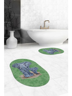Evdeya Dijital Baskılı Yıkanabilir Modern Fil Desenli Ikili Banyo Halısı Paspas Oval, Klozet-33-Yeşil,