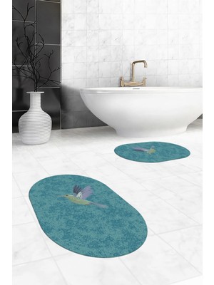 Evdeya Dijital Baskılı Yıkanabilir Modern Kuş Desenli Ikili Banyo Halısı Paspas Oval, Klozet-36-Mavi,