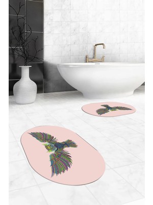 Evdeya Dijital Baskılı Yıkanabilir Rengarenk Baykuş Ikili Banyo Halısı Paspas Oval, Klozet-37-Pembe,