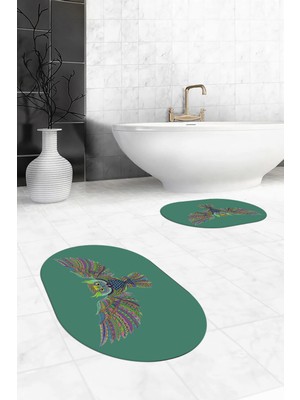 Evdeya Dijital Baskılı Yıkanabilir Rengarenk Baykuş Ikili Banyo Halısı Paspas Oval, Klozet-37-Yeşil,