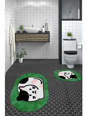 Evdeya 3d Dijital Baskılı Yıkanabilir Kedi Desenli Ikili Banyo Halısı Paspas Oval, Klozet-43-Yeşil,