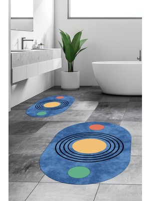 Evdeya Dijital Baskılı Yıkanabilir Modern Ikili Banyo Halısı Paspas Oval, Klozet-49-Mavi,