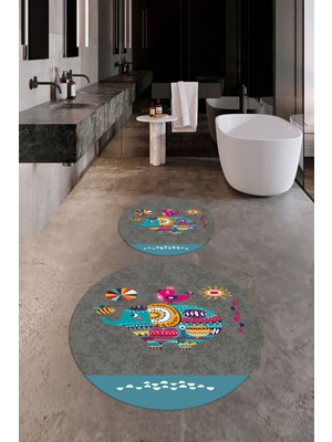 Evdeya Dijital Baskılı Yıkanabilir Renkli Fil Desenli Ikili Banyo Halısı Paspas Yuvarlak, Klozet-31-Gri,