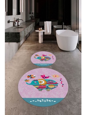 Evdeya Dijital Baskılı Yıkanabilir Renkli Fil Desenli Ikili Banyo Halısı Paspas Yuvarlak, Klozet-31-Pembe,