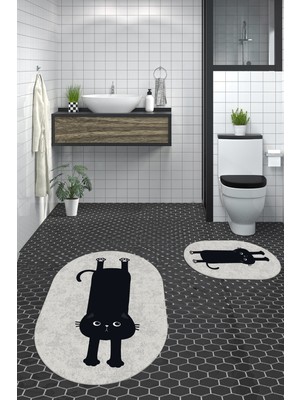 Evdeya Dijital Baskılı Yıkanabilir Sevimli Kedi Ikili Banyo Halısı Paspas Oval, Klozet-39-Gri,