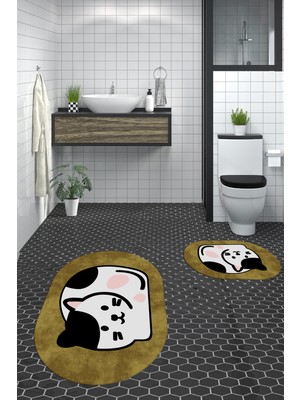Evdeya 3d Dijital Baskılı Yıkanabilir Kedi Desenli Ikili Banyo Halısı Paspas Oval, Klozet-43-Kahve,
