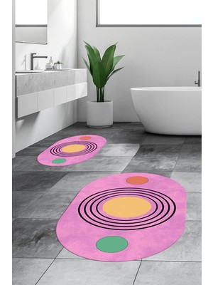 Evdeya Dijital Baskılı Yıkanabilir Modern Ikili Banyo Halısı Paspas Oval, Klozet-49-Pembe,