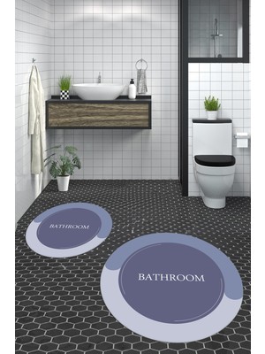 Evdeya Dijital Baskılı Yıkanabilir Bathroom Yazılı Yuvarlak Banyo Paspası, Klozet-02-Mavi,