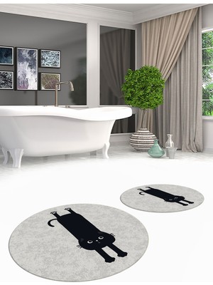 Evdeya Dijital Baskılı Yıkanabilir Sevimli Kedi Ikili Banyo Halısı Paspas Yuvarlak, Klozet-39-Gri,