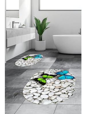 Evdeya 3d Kelebek Desenli Yıkanabilir Kolay Silinir Ikili Banyo Halısı Paspas Oval, Klozet-45-Renkli,