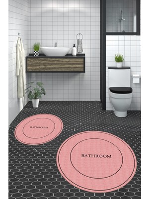 Evdeya Dijital Baskılı Yıkanabilir Sade Bathroom Yazılı Yuvarlak Banyo Paspası, Klozet-04-Pembe,