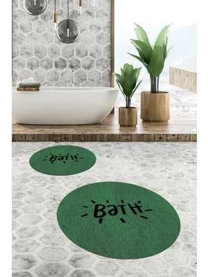 Evdeya Dijital Baskılı Yıkanabilir Bath Yazılı Ikili Yuvarlak Banyo Halısı Paspas, Klozet-09-Yeşil,