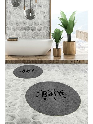 Evdeya Dijital Baskılı Yıkanabilir Bath Yazılı Ikili Yuvarlak Banyo Halısı Paspas, Klozet-09-Gri,