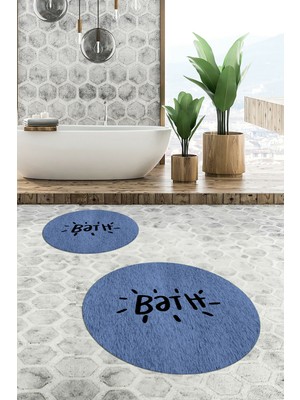 Evdeya Dijital Baskılı Yıkanabilir Bath Yazılı Ikili Yuvarlak Banyo Halısı Paspas, Klozet-09-Mavi,