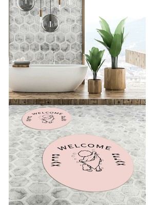 Evdeya Dijital Baskılı Modern Yıkanabilir Ikili Yuvarlak Banyo Halısı Paspas, Klozet-11-Pembe,