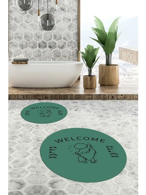 Evdeya Dijital Baskılı Modern Yıkanabilir Ikili Yuvarlak Banyo Halısı Paspas, Klozet-11-Yeşil,