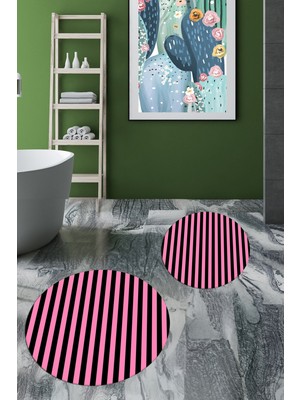 Evdeya Dijital Baskılı Yıkanabilir Çizgili Modern Ikili Banyo Halısı Paspas Yuvarlak, Klozet-50-Pembe,