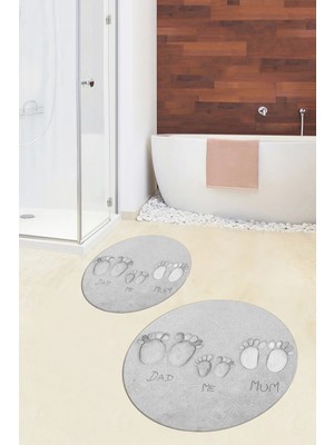 Evdeya 3d Dijital Baskılı Yıkanabilir Anne Baba Çocuk Ikili Yuvarlak Banyo Halısı, Klozet-16-Gri,