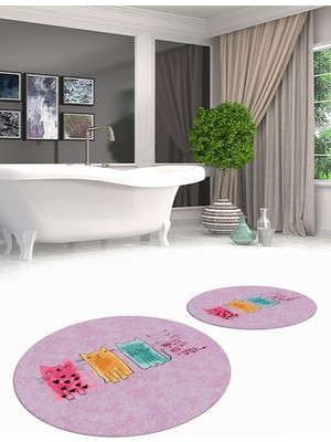 Evdeya Dijital Baskılı Yıkanabilir Renkli Kediler Desenli Ikili Banyo Halısı Yuvarlak, Klozet-41-Pembe,