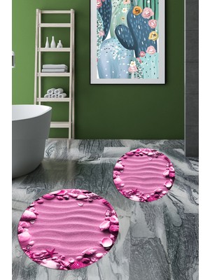 Evdeya 3d Dijital Baskılı Yıkanabilir Modern Desenli Ikili Banyo Halısı Paspas Yuvarlak, Klozet-47-Pembe,