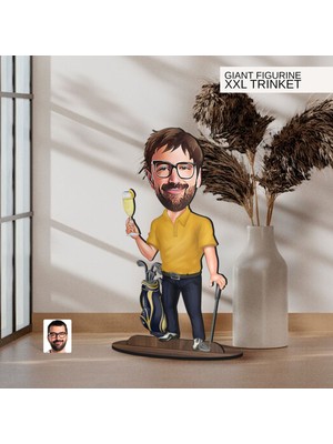 Bk Gift Kişiye Özel Golf Oyuncusu Karikatürlü Büyük Boy Ahşap Biblo-4 Arkadaşa Hediye , Sevgiliye Hediye, Kişiye Özel Biblolar