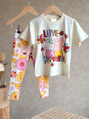 Mama And Miel Kız Çocuk Peppa Baskılı Bisiklet Yaka Tshirt ve Tayt Takım