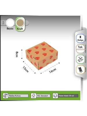 Oğuz Ambalaj Hediye Kutusu Kırmızı Kalp Baskılı Gövde+Kapak Kraft 16X15X8 cm - 50 Adet