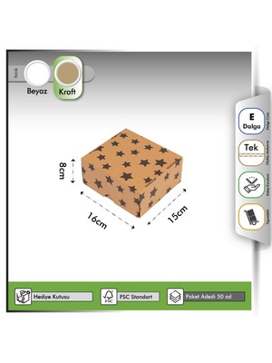 Oğuz Ambalaj Hediye Kutusu Siyah Yıldız Baskılı Gövde+Kapak Kraft 16X15X8 cm - 50 Adet