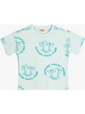Koton T-Shirt Kısa Kollu Palmiye Baskılı Bisiklet Yaka Dokulu Pamuklu