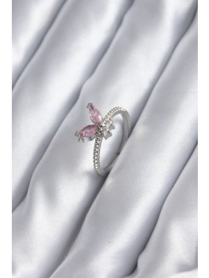 Clariss Gümüş Renk Pembe Zirkon Taşlı Kelebek Model Kadın Yüzük