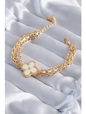 Clariss Gold Renk Beyaz Yonca Model Kadın Bileklik