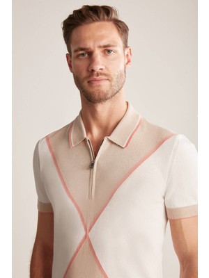 Hemington Fermuar Detaylı Camel-Krem Rengi Triko Polo