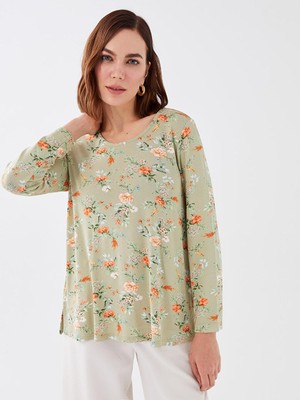 LC Waikiki Lcw Grace Bisiklet Yaka Çiçekli Uzun Kollu Kadın Tişört