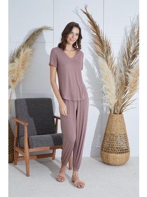 Kadın Kısa Kol Vizon Pijama Takım C0T1N951