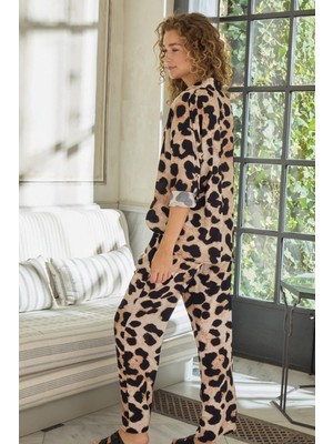 Gizzey Kadın Uzun Kol Önden Düğmeli Leopar Pijama Takım C7T0N112