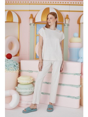 Kadın Kısa Kol Bej Melanj Pijama Takım C1T7N651