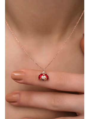 Nereze 925 Ayar Gümüş Rose Mineli Uğur Böceği Kolye