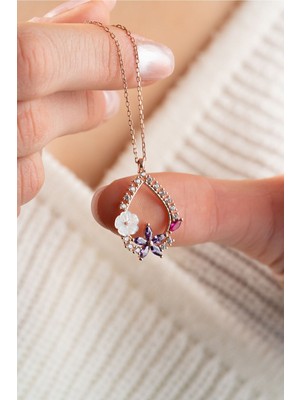 Nereze 925 Ayar Gümüş Manolya Çiçeği Mor Kamelya Çiçeği Detay Damla Kolye