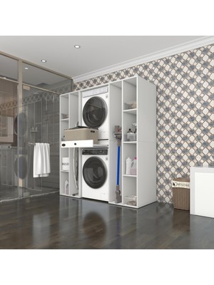 Kenz Life  Çamaşır-Kurutma Makinesi Dolabı Sadra Byz 187*170*60 Çekmeceli Raflı Banyo