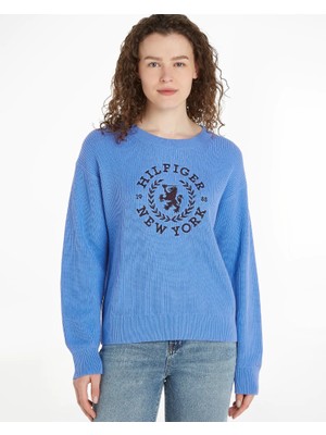 Tommy Hilfiger Kadın Baskılı Desenli Uzun Kollu Yuvarlak Yakalı Mavi Kazak WW0WW41146-C30