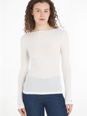 Tommy Hilfiger Kadın Marka Logolu Uzun Kollu Slim Fit Beyaz T-Shirt WW0WW39788-YBL