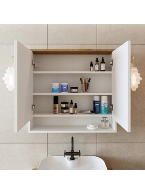 Roomart Banos Banyo Kulpsuz 2 Kapaklı Mat Beyaz Mdf 82 cm Aynalı Banyo Üst Dolabı