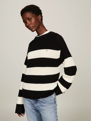 Tommy Hilfiger Kadın Logolu Yuvarlak Yakalı Uzun Kollu Günlük Kullanım Siyah-Beyaz Kazak WW0WW40751-0AS