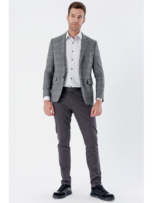 İmza Koyu Antrasit Ekoseli Mono Yaka Astarlı Çift Yırtmaç 6 Drop Slim Fit Dar Kesim Klasik Ceket 1002235134