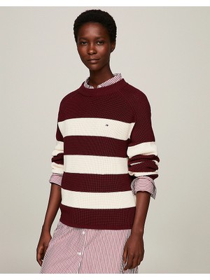 Tommy Hilfiger Kadın Logolu Yuvarlak Yakalı Uzun Kollu Günlük Kullanım Kırmızı Kazak WW0WW40751-0EY