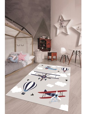 Evdeya Dijital Baskılı Kaymaz Yıkanabilir Bulut Uçak Desenli Çocuk Odası Halısı, Çocuk-23-Gri,