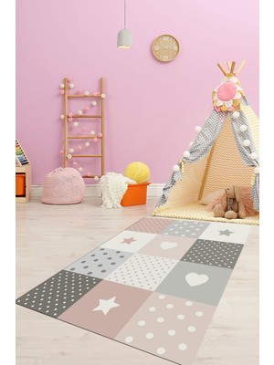 Evdeya Dijital Baskılı Kaymaz Yıkanabilir Yıldız Kalp Desenli Çocuk Odası Halısı, Çocuk-10-Renkli,
