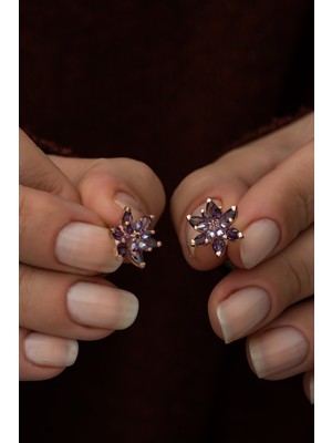 Nereze 925 Ayar Mor Lotus Çiçeği Küpe Kadın Gümüş Küpe